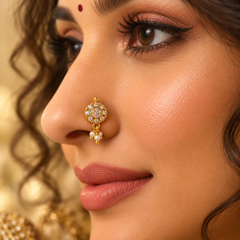 The99Jewel Gold Plated Ethnic Designer Nose Pin with pearl for women