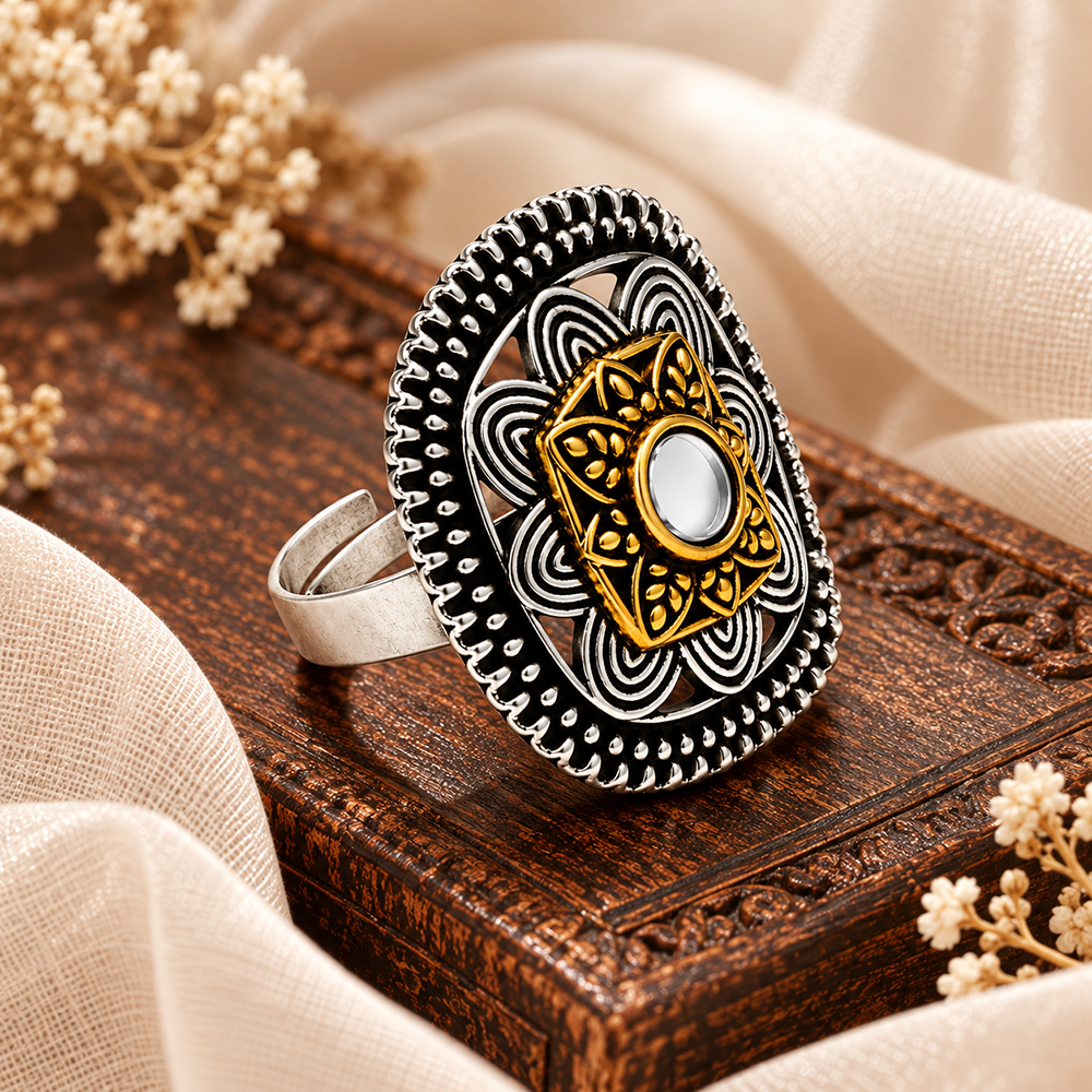 The99Jewel Designer 2 Tone Square Shape Finger Ring for Navratri & Garba Special Traditional Jewellery for Women