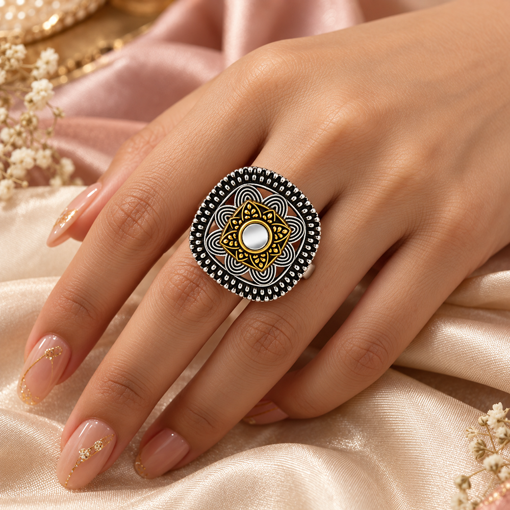 The99Jewel Designer 2 Tone Square Shape Finger Ring for Navratri & Garba Special Traditional Jewellery for Women