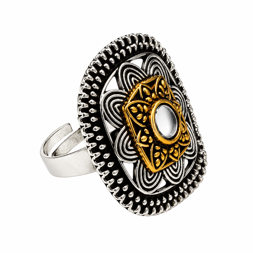The99Jewel Designer 2 Tone Square Shape Finger Ring for Navratri & Garba Special Traditional Jewellery for Women