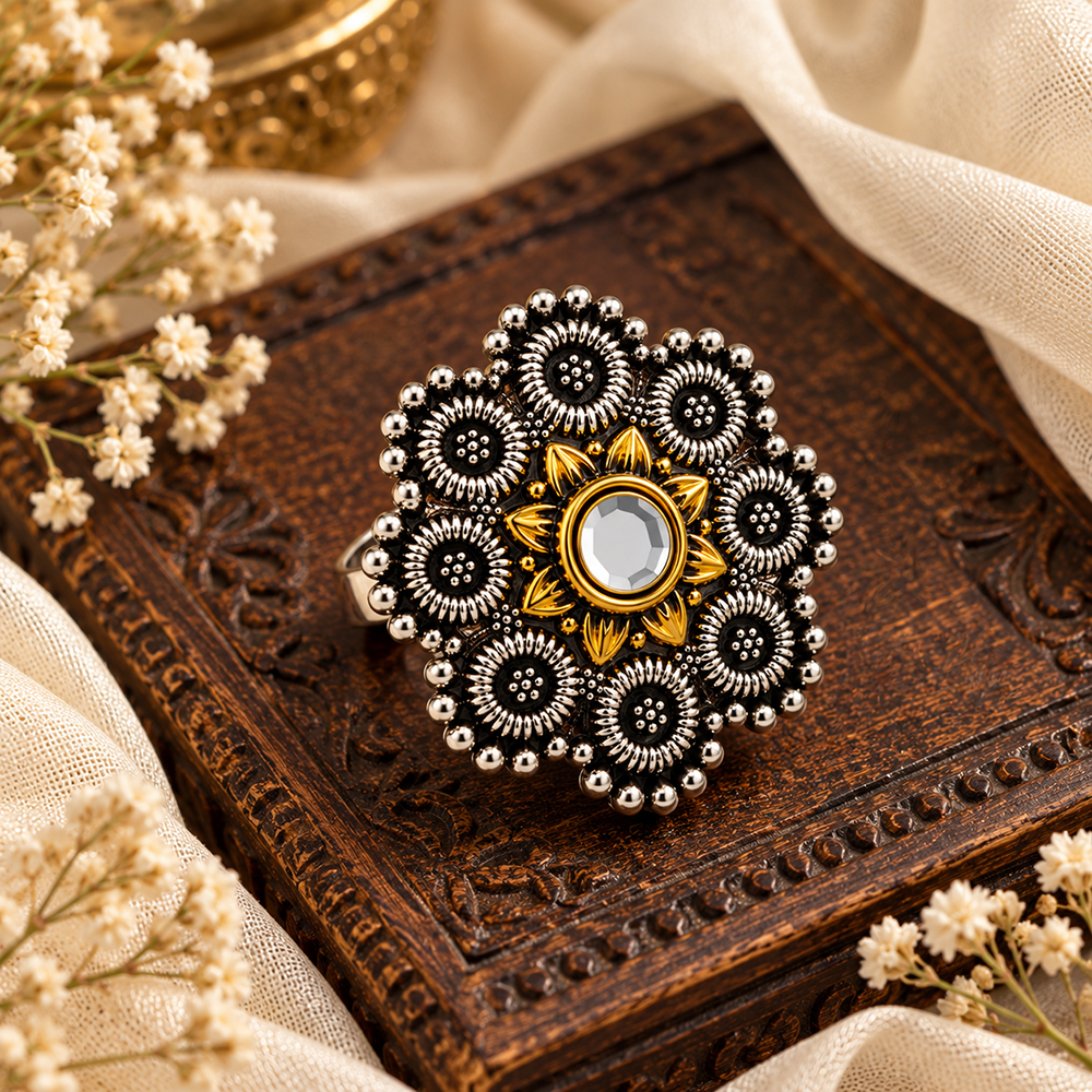 The99Jewel Designer 2 Tone  Flower Shape Finger Ring for Navratri & Garba Special Traditional Jewellery for Women