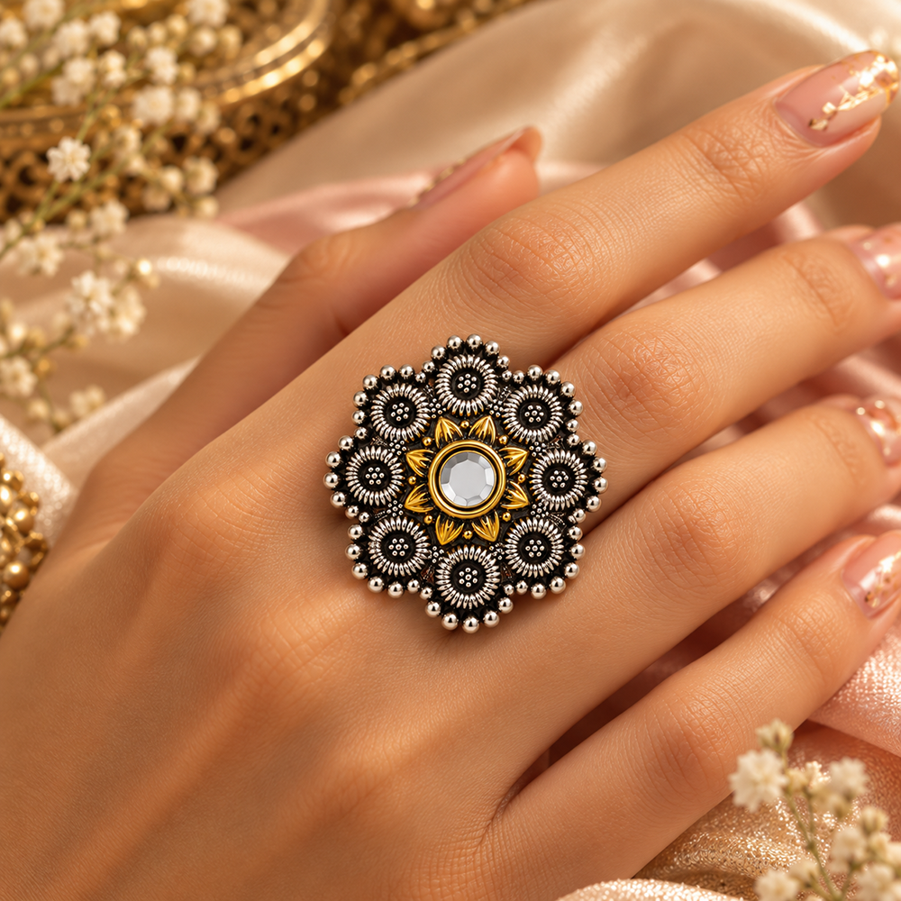 The99Jewel Designer 2 Tone  Flower Shape Finger Ring for Navratri & Garba Special Traditional Jewellery for Women
