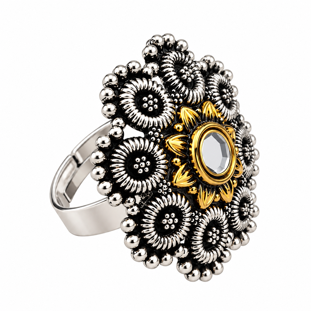 The99Jewel Designer 2 Tone  Flower Shape Finger Ring for Navratri & Garba Special Traditional Jewellery for Women
