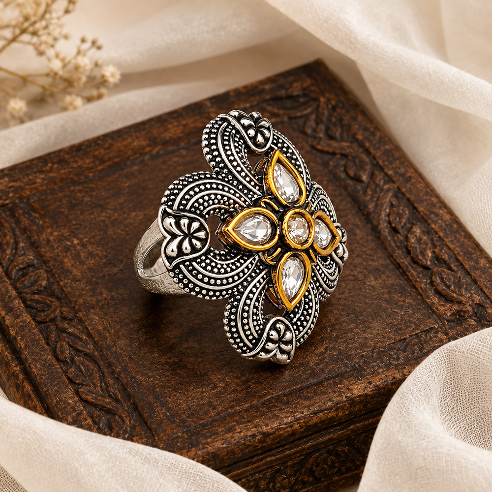 The99Jewel Designer 2 Tone  Flower Shape Finger Ring for Navratri & Garba Special Traditional Jewellery for Women