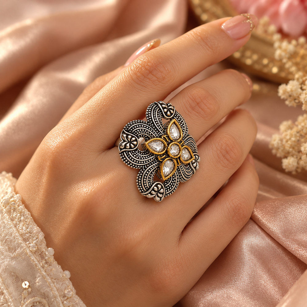 The99Jewel Designer 2 Tone  Flower Shape Finger Ring for Navratri & Garba Special Traditional Jewellery for Women