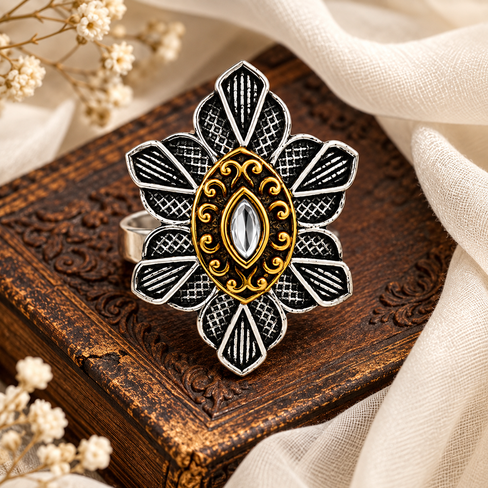 The99Jewel Designer 2 Tone  Flower Shape Finger Ring for Navratri & Garba Special Traditional Jewellery for Women