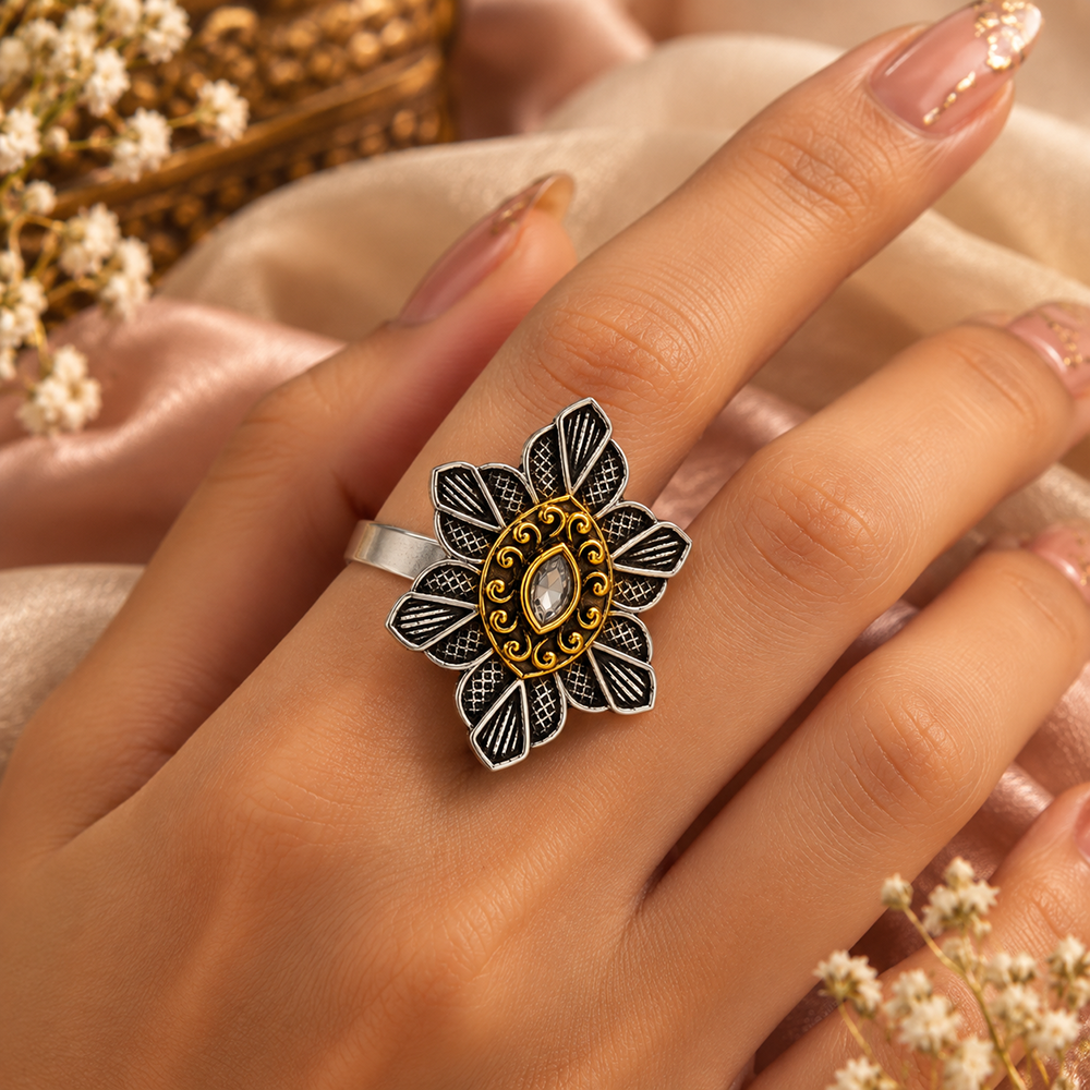The99Jewel Designer 2 Tone  Flower Shape Finger Ring for Navratri & Garba Special Traditional Jewellery for Women