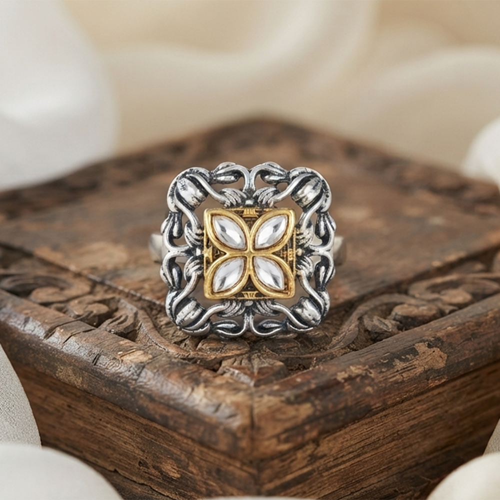 The99Jewel Designer 2 Tone  Square Shape Finger Ring for Navratri & Garba Special Traditional Jewellery for Women
