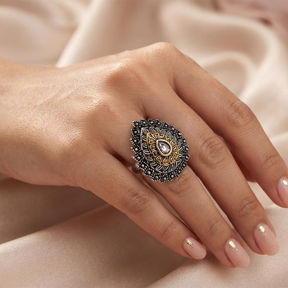The99Jewel Designer 2 Tone  Tear Drop Shape Finger Ring for Navratri & Garba Special Traditional Jewellery for Women