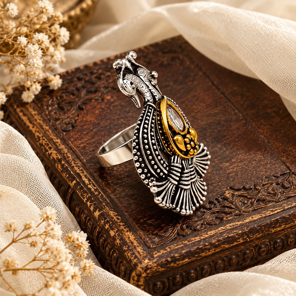 The99Jewel Designer 2 Tone Peacock Finger Ring for Navratri & Garba Special Traditional Jewellery for Women