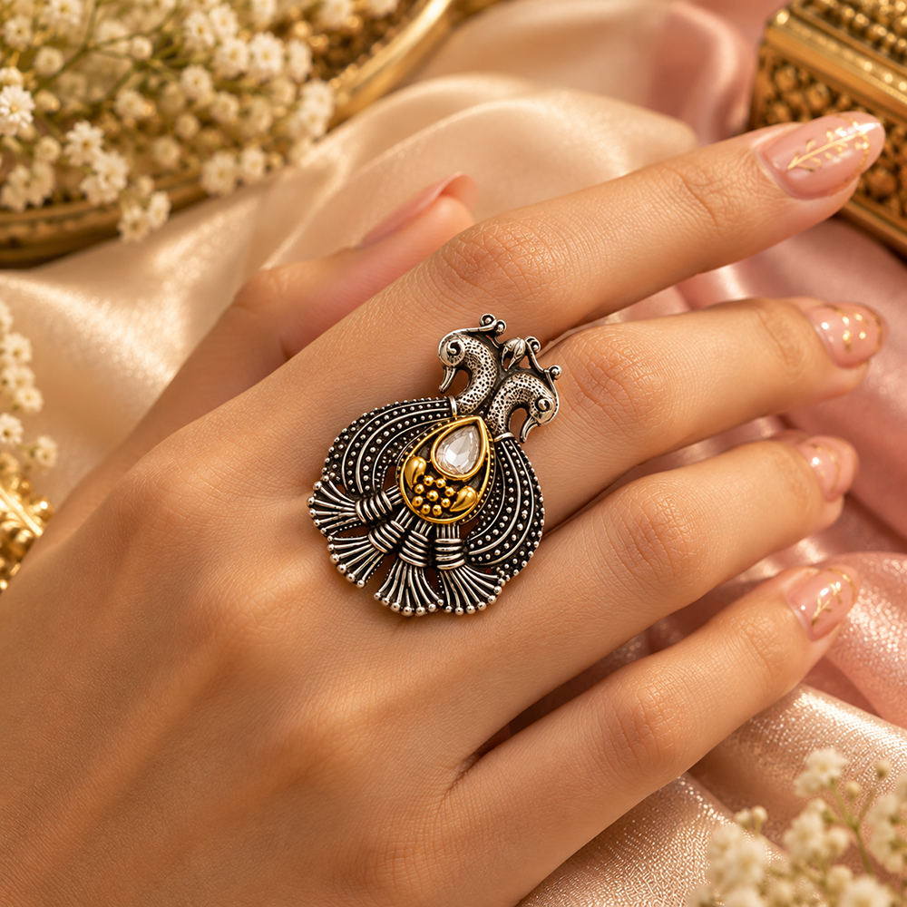 The99Jewel Designer 2 Tone Peacock Finger Ring for Navratri & Garba Special Traditional Jewellery for Women