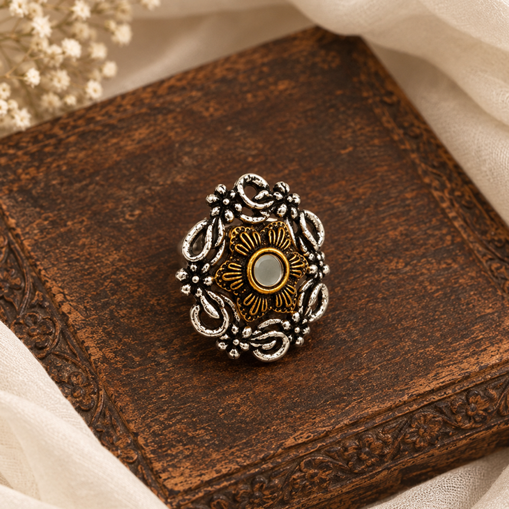 The99Jewel Designer 2 Tone  Floral Shape Finger Ring for Navratri & Garba Special Traditional Jewellery for Women
