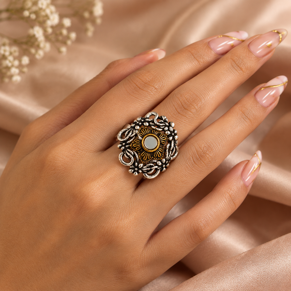 The99Jewel Designer 2 Tone  Floral Shape Finger Ring for Navratri & Garba Special Traditional Jewellery for Women