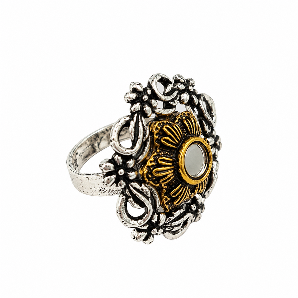 The99Jewel Designer 2 Tone  Floral Shape Finger Ring for Navratri & Garba Special Traditional Jewellery for Women