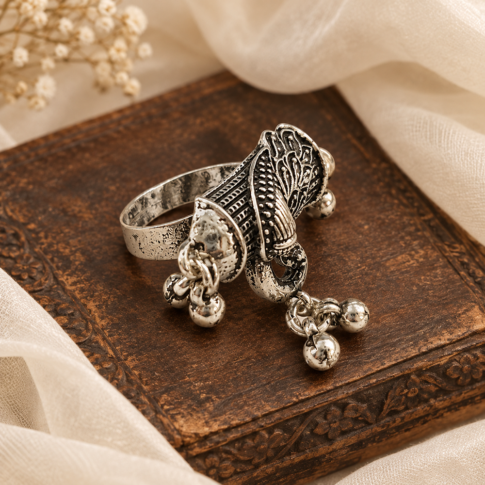 The99Jewel Designer Oxidised Peacock Motif Finger Ring for Navratri Jewellery for Women