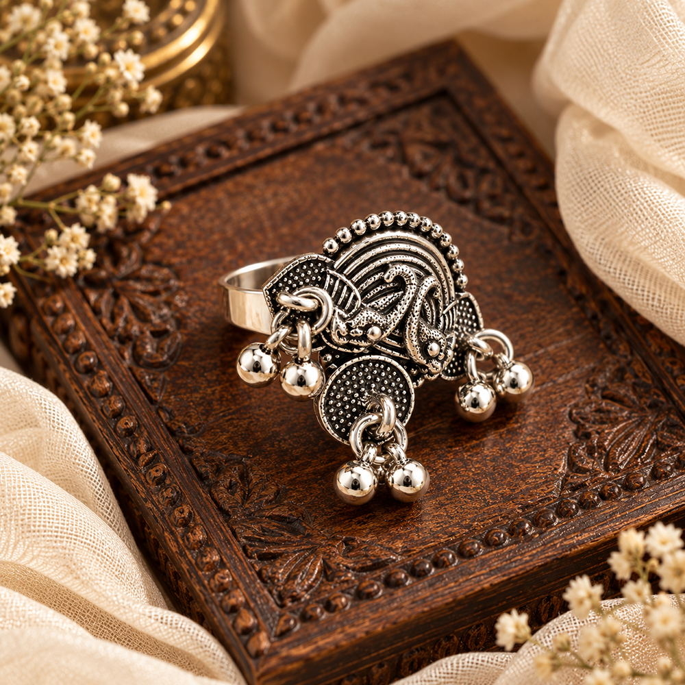 The99Jewel Designer Oxidised Peacock Motif Finger Ring for Navratri Jewellery for Women