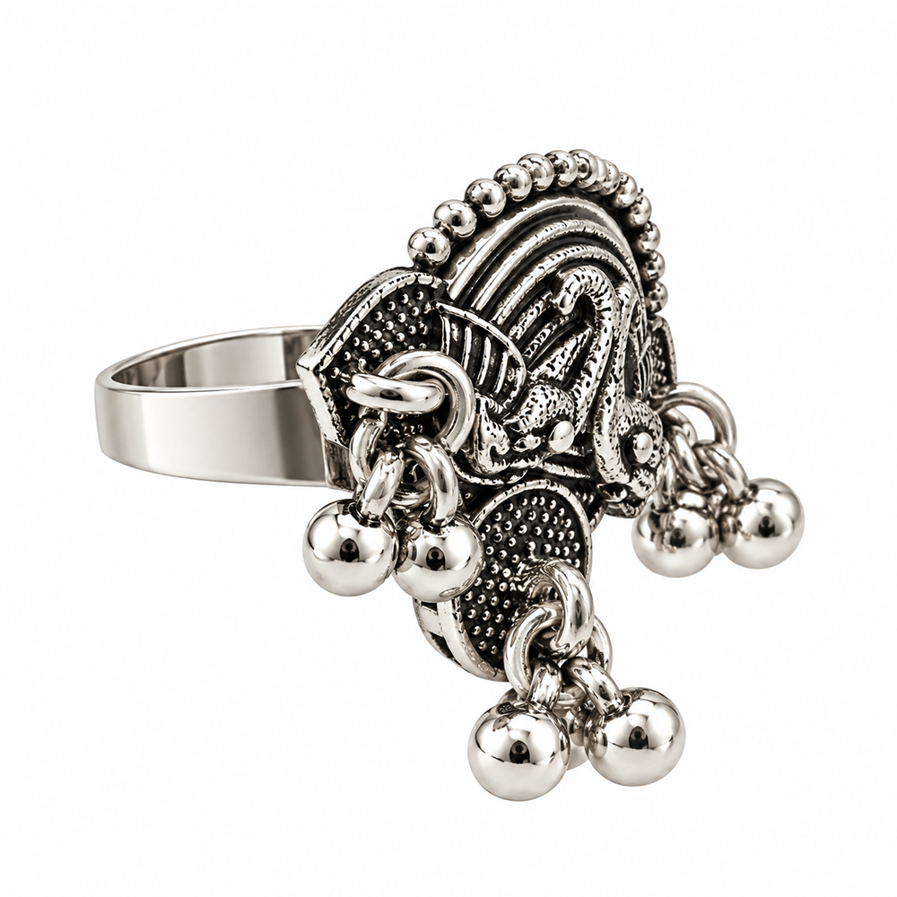 The99Jewel Designer Oxidised Peacock Motif Finger Ring for Navratri Jewellery for Women
