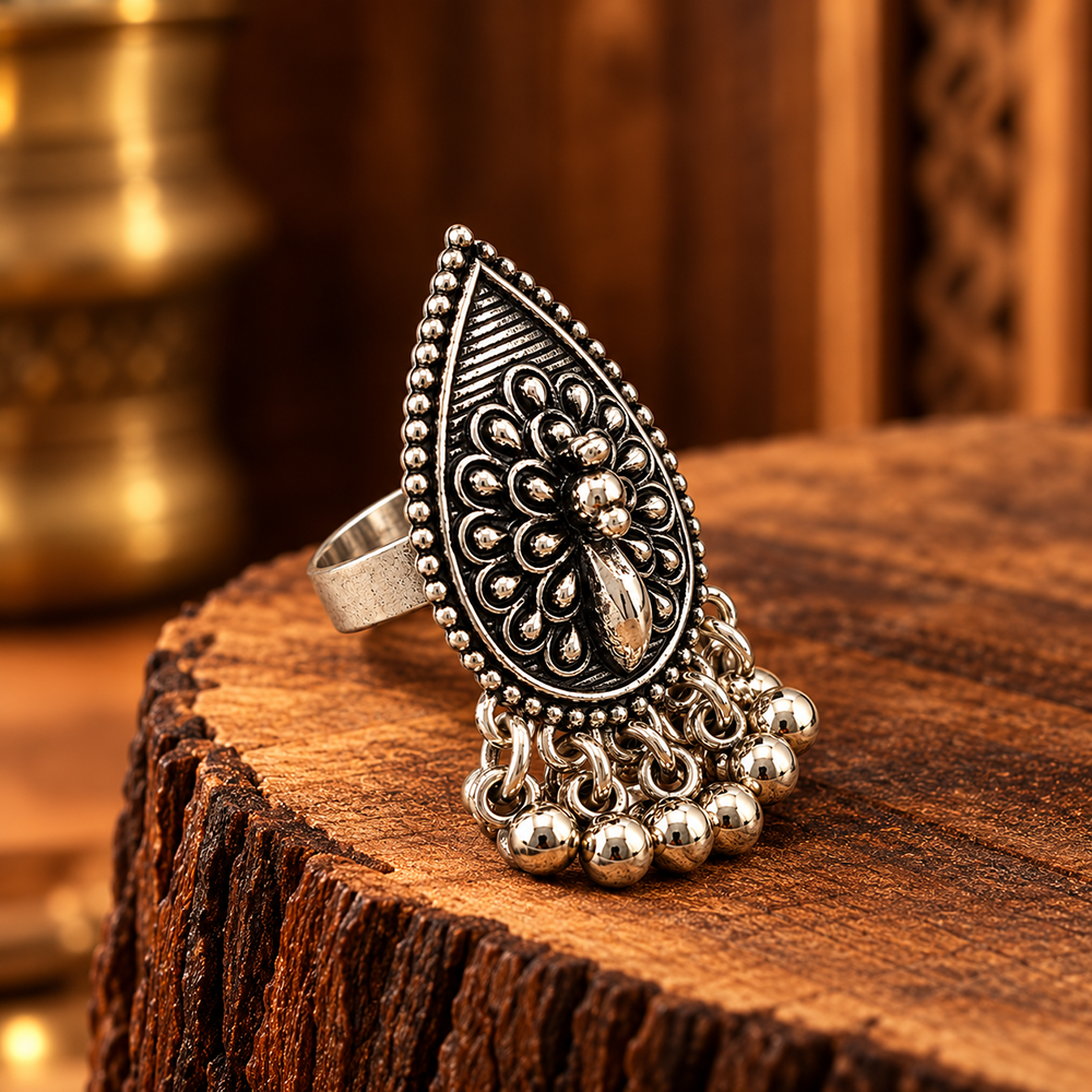 The99Jewel Beautiful Adjustable Oxidised Finger Ring with Peacock Motif for women