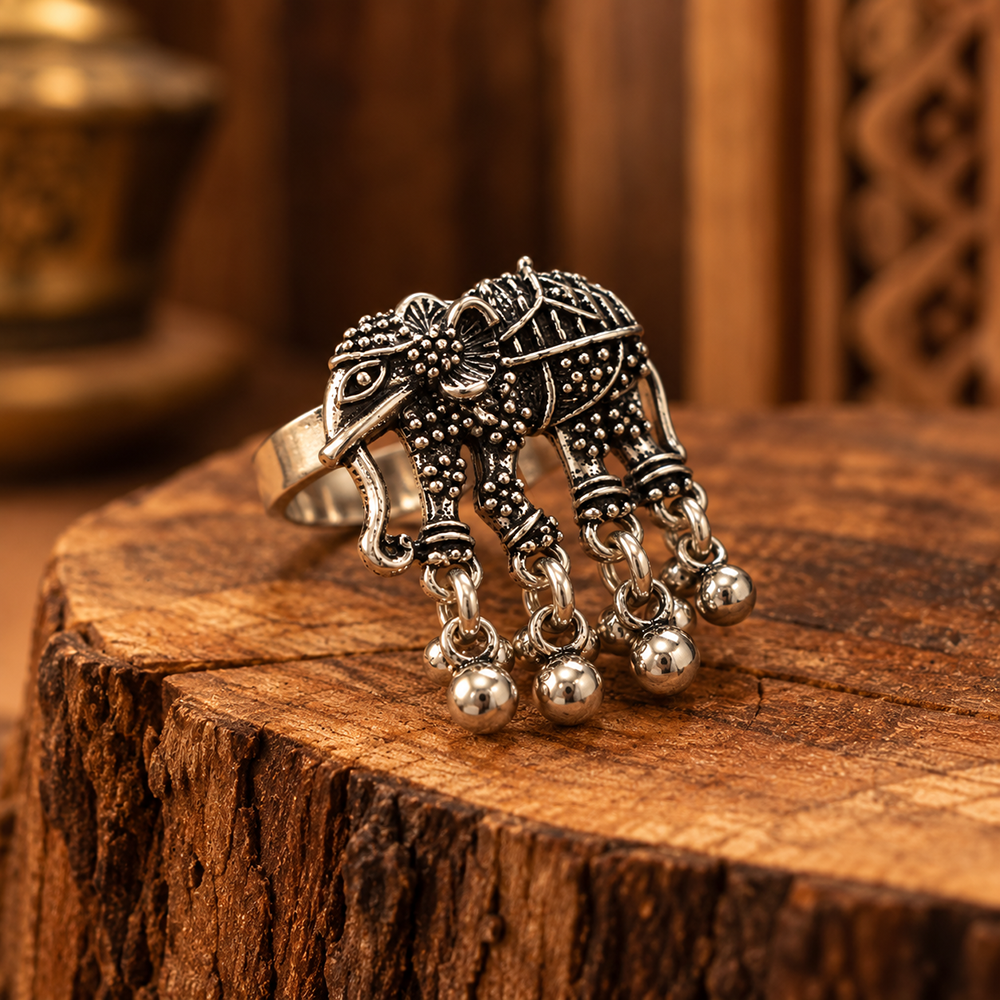 The99Jewel Beautiful Adjustable Elephant Shape Oxidised Finger Ring for women