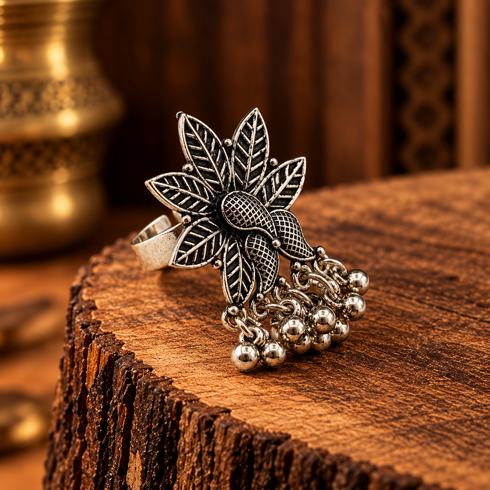 The99Jewel Beautiful Adjustable Oxidised Floral Shape Finger Ring for women