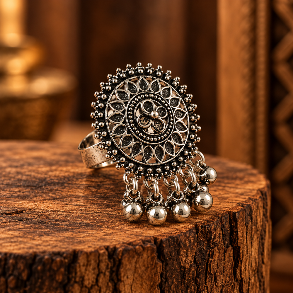 The99Jewel Beautiful Adjustable Oxidised Finger Ring with Floral Design for women