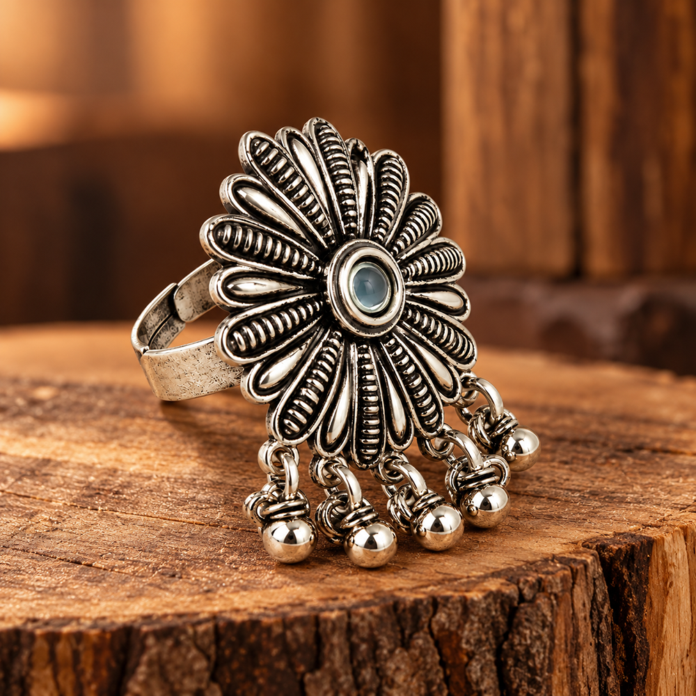 The99Jewel Beautiful Adjustable Oxidised Finger Ring with Flower Design for women