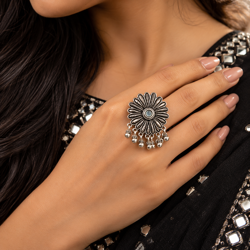 The99Jewel Beautiful Adjustable Oxidised Finger Ring with Flower Design for women