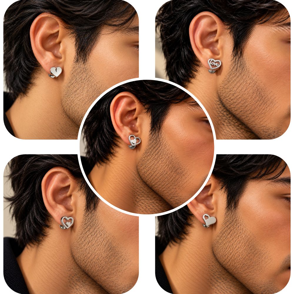 The99Jewel Stylish Ear Piercing Set of 5 Assorted Heart Shape Stud Earrings Combo For Men