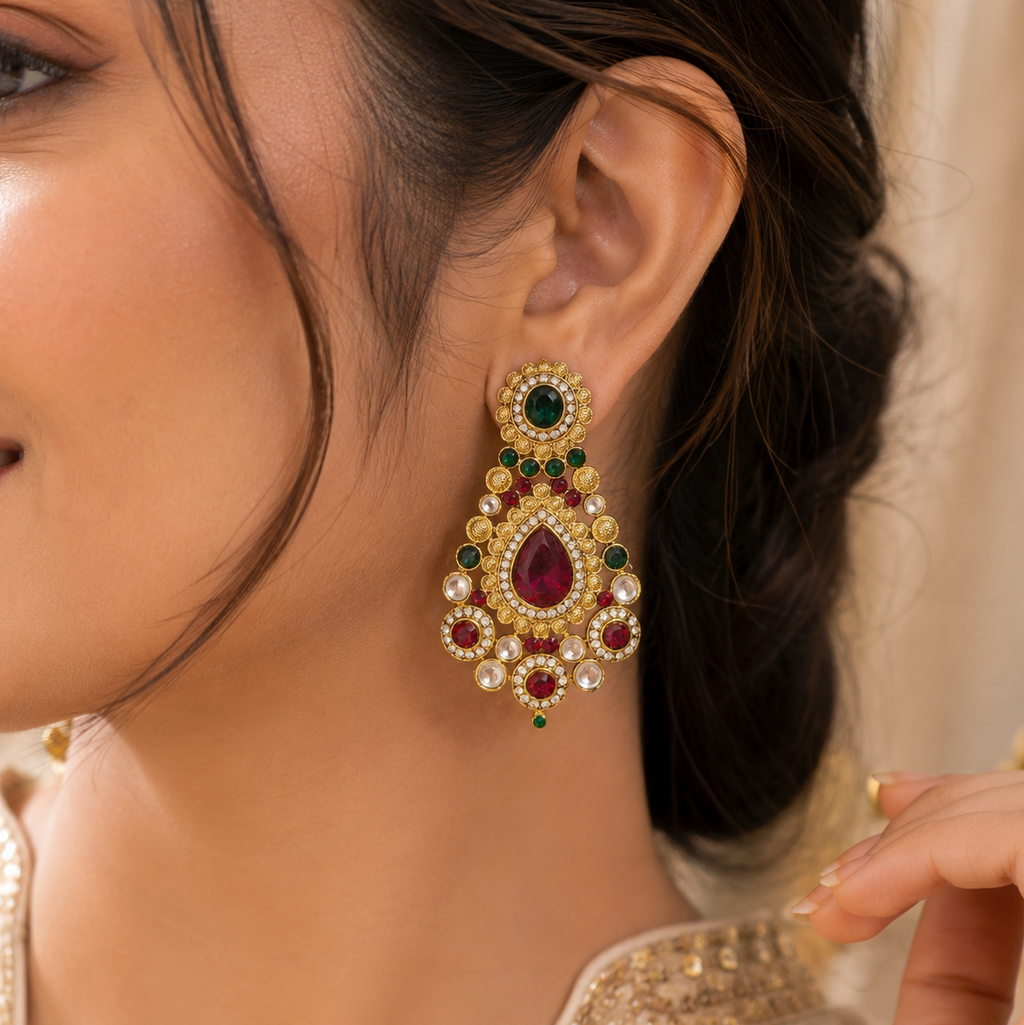 The99Jewel Designer Maroon & Green Gold Plated Kundan Earrings