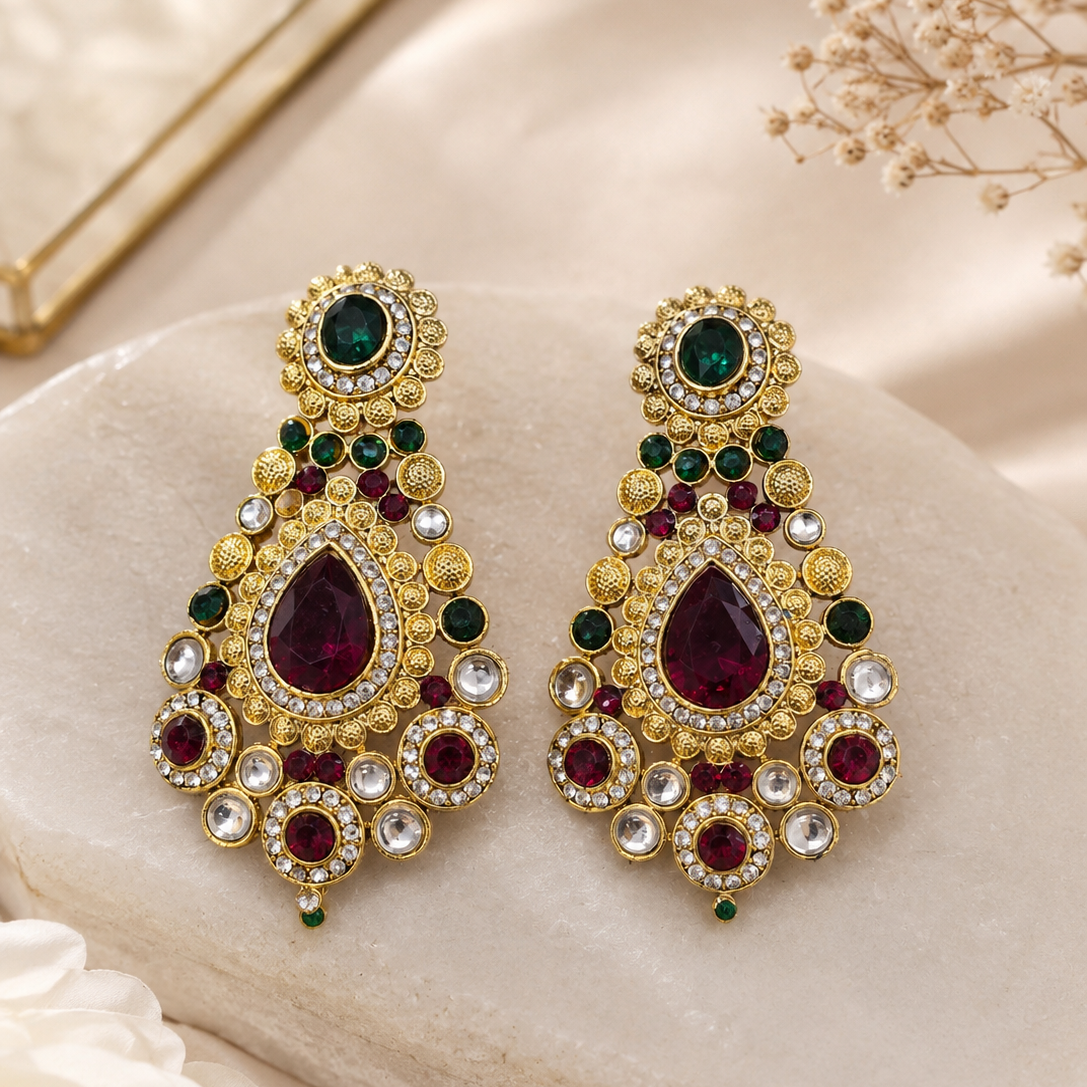 The99Jewel Designer Maroon & Green Gold Plated Kundan Earrings