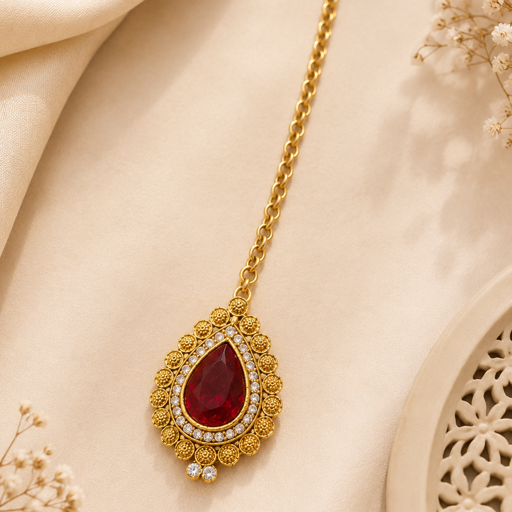 The99Jewel Designer Gold Plated Maroon Maangtikka