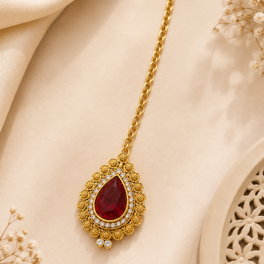 The99Jewel Designer Gold Plated Maroon Maangtikka
