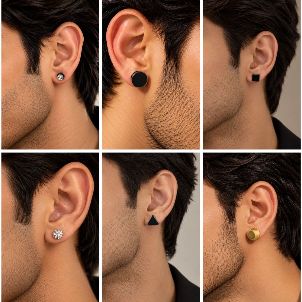 The99Jewel Stylish Ear Piercing Set of 6 Assorted Shape Stud Earrings Combo For Men