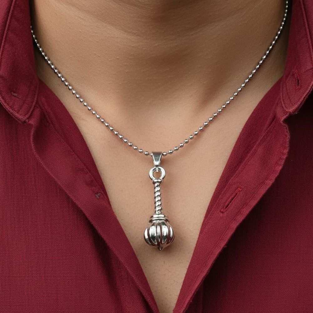 The99Jewel Hanuman Gada Silver Pendant with ball chain For Unisex