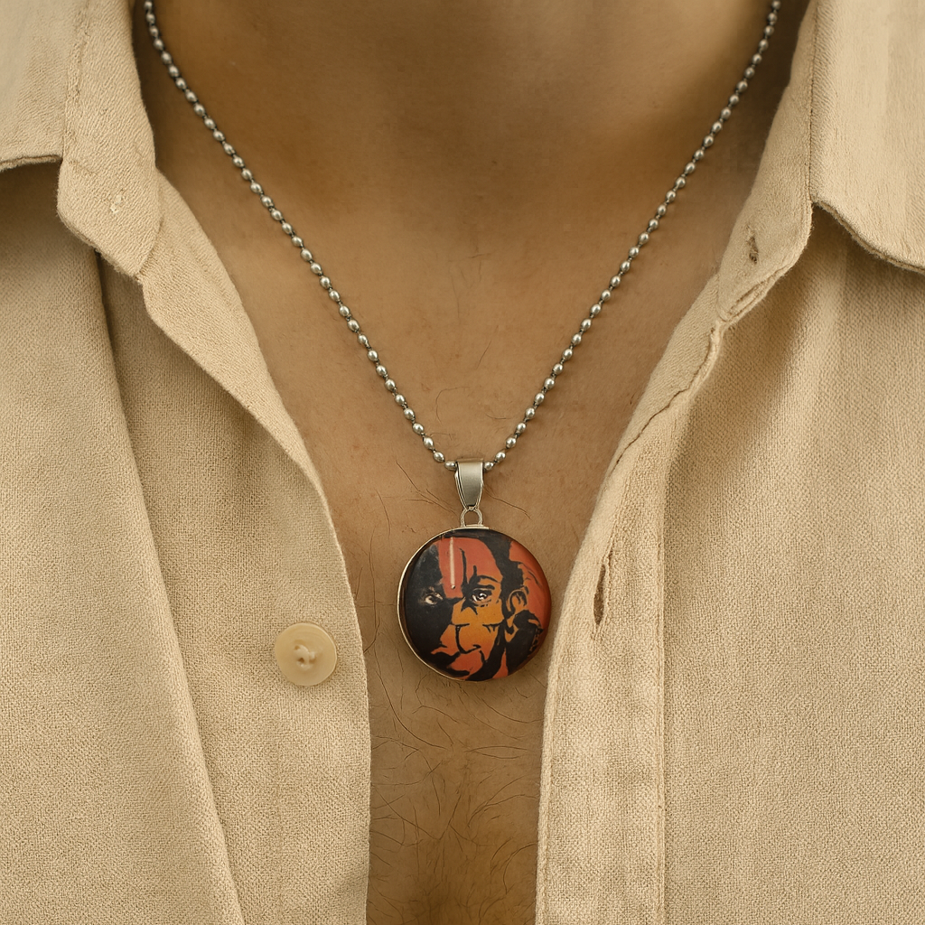 The99Jewel Glass Framed Orange Enamel Hanuman Locket Chain Pendant