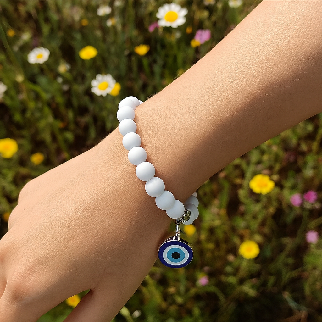 The99Jewel White Beads Evil Eye Bracelet