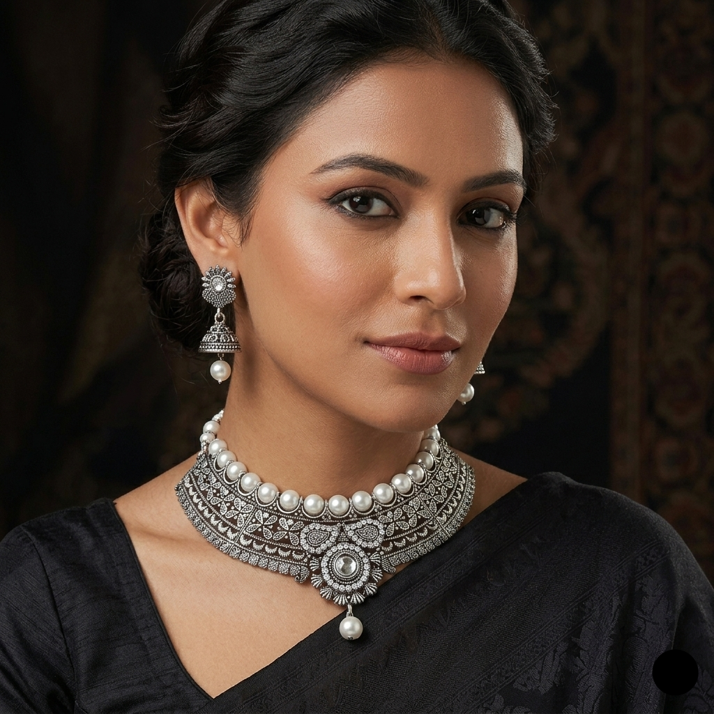 The99Jewel Oxidised Plated Designer Pearl Choker Necklace Set