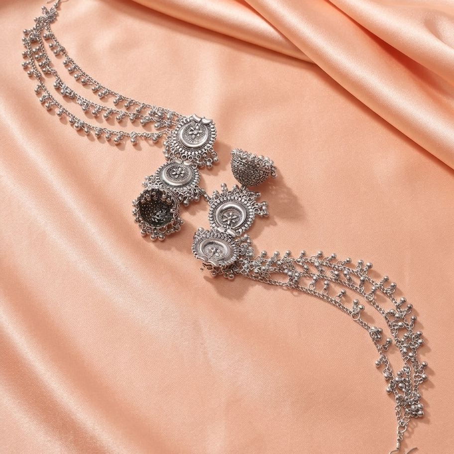 The99JewelOxidised Layered Jhumka Earrings With Kan Chain