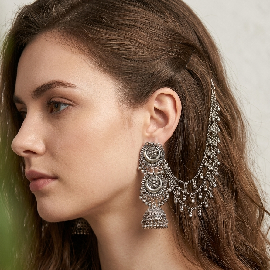 The99JewelOxidised Layered Jhumka Earrings With Kan Chain