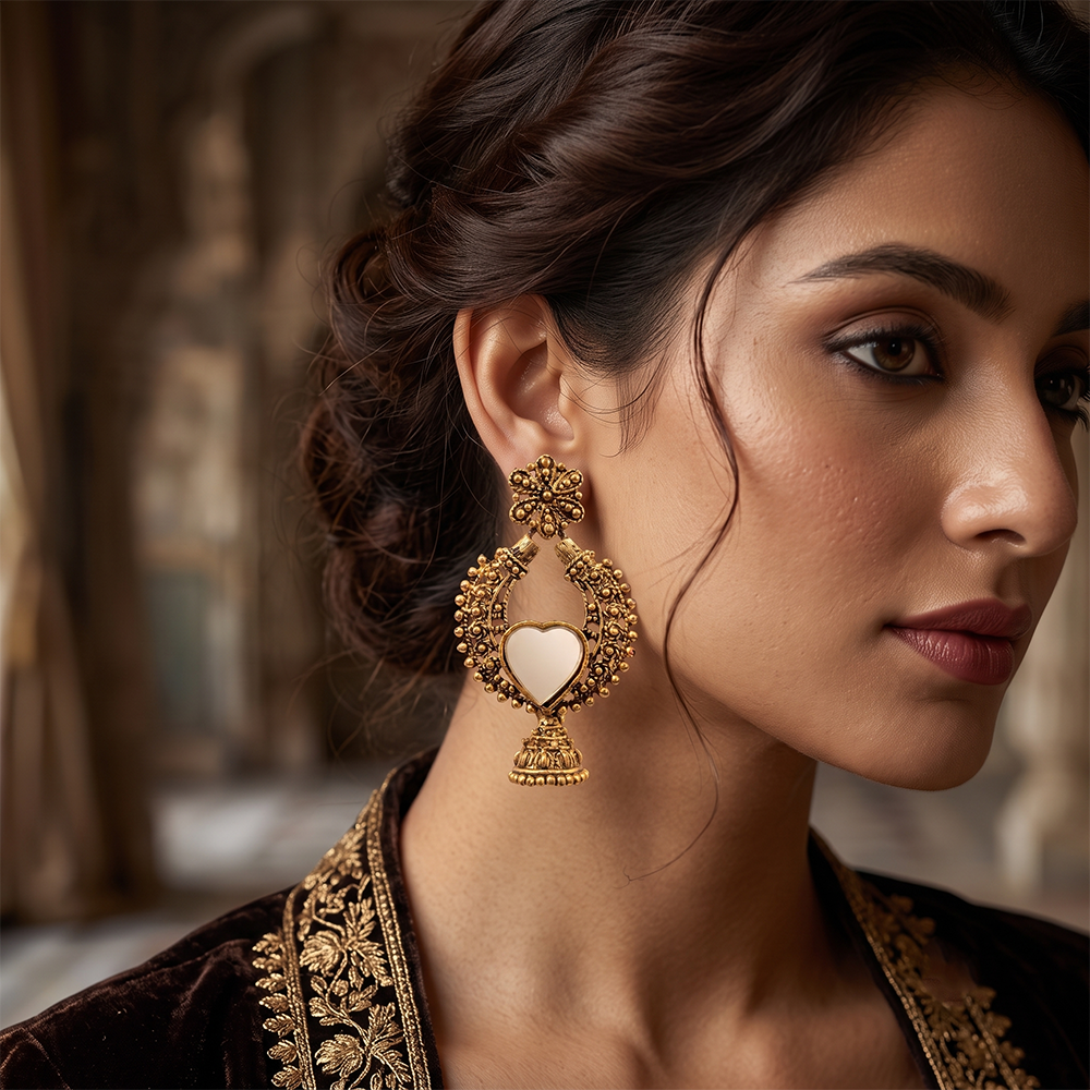 The99Jewel Traditional Antique Gold Plated  Mirror Stone Jhumki Earrings for Women