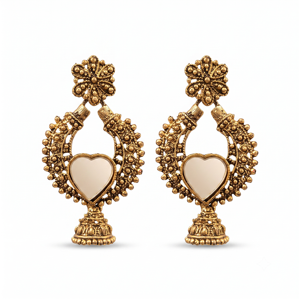 The99Jewel Traditional Antique Gold Plated  Mirror Stone Jhumki Earrings for Women