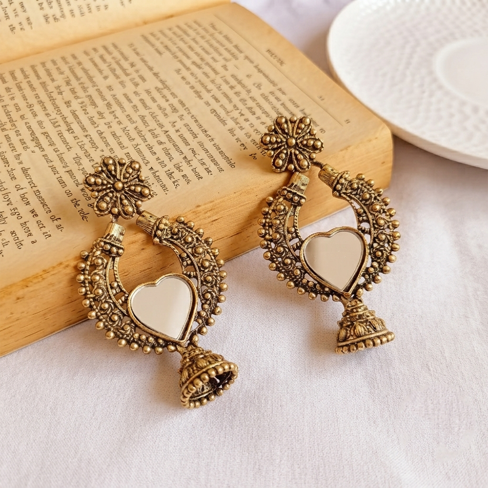 The99Jewel Traditional Antique Gold Plated  Mirror Stone Jhumki Earrings for Women