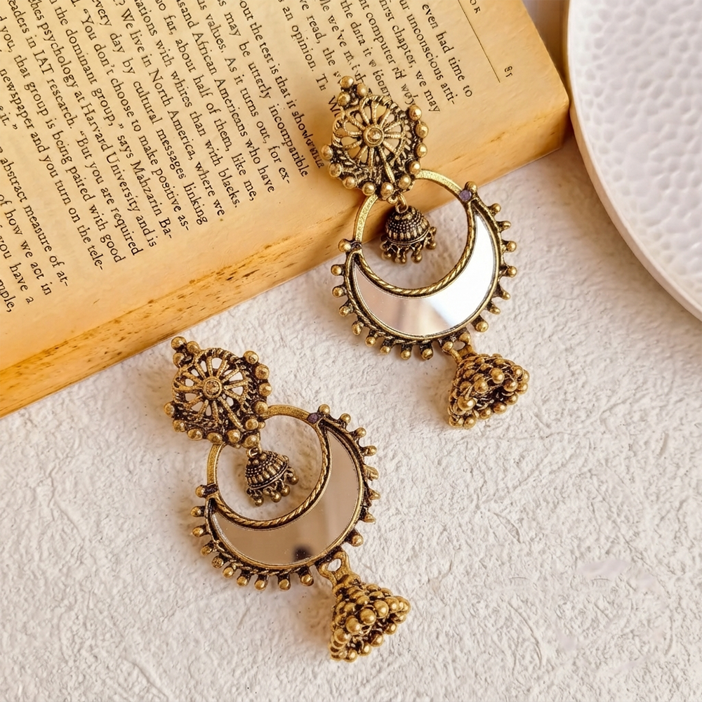The99Jewel Traditional Antique Gold Plated  Mirror Stone Jhumki Earrings for Women