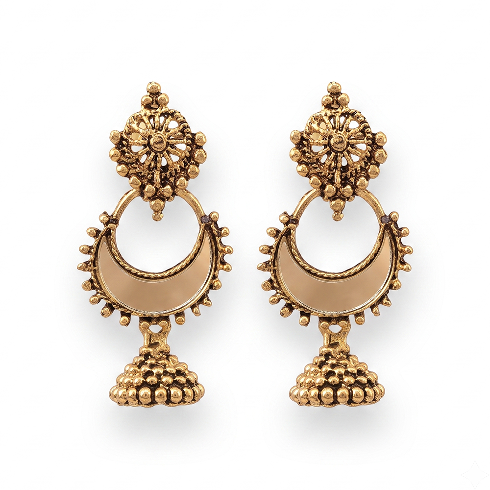 The99Jewel Traditional Antique Gold Plated  Mirror Stone Jhumki Earrings for Women
