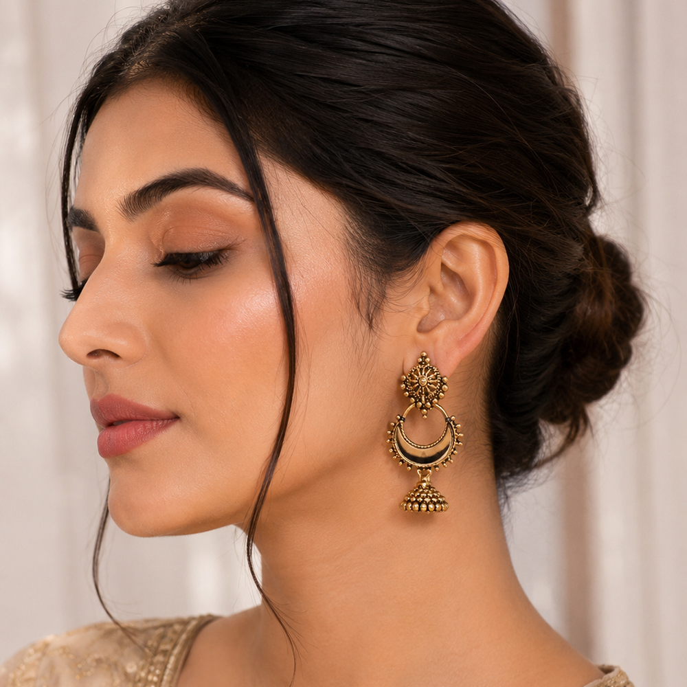 The99Jewel Traditional Antique Gold Plated  Mirror Stone Jhumki Earrings for Women