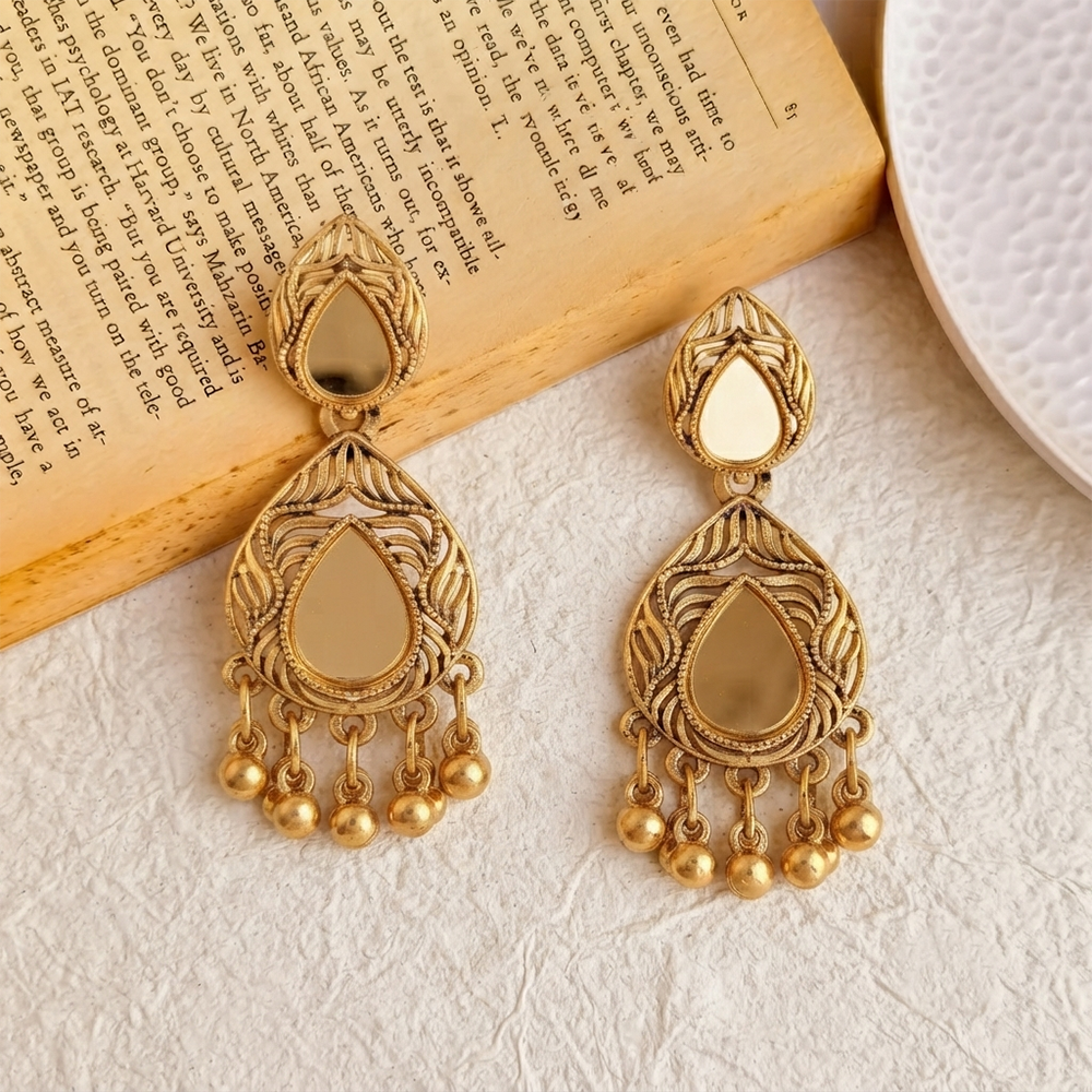 The99Jewel Traditional Antique Gold Plated  Mirror Stone Earrings for Women