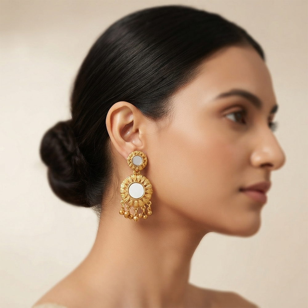 The99Jewel Traditional Antique Gold Plated  Mirror Stone Earrings for Women