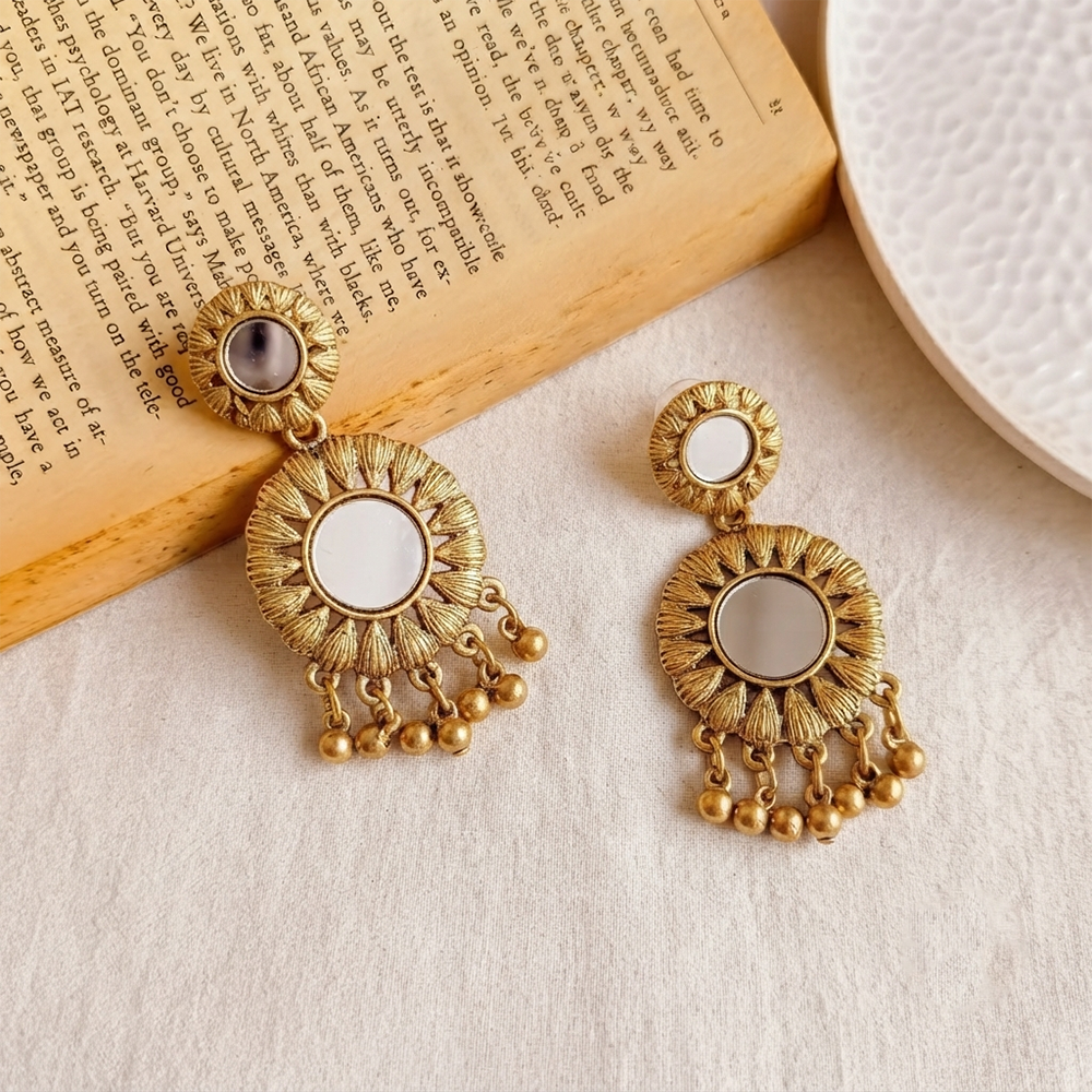 The99Jewel Traditional Antique Gold Plated  Mirror Stone Earrings for Women