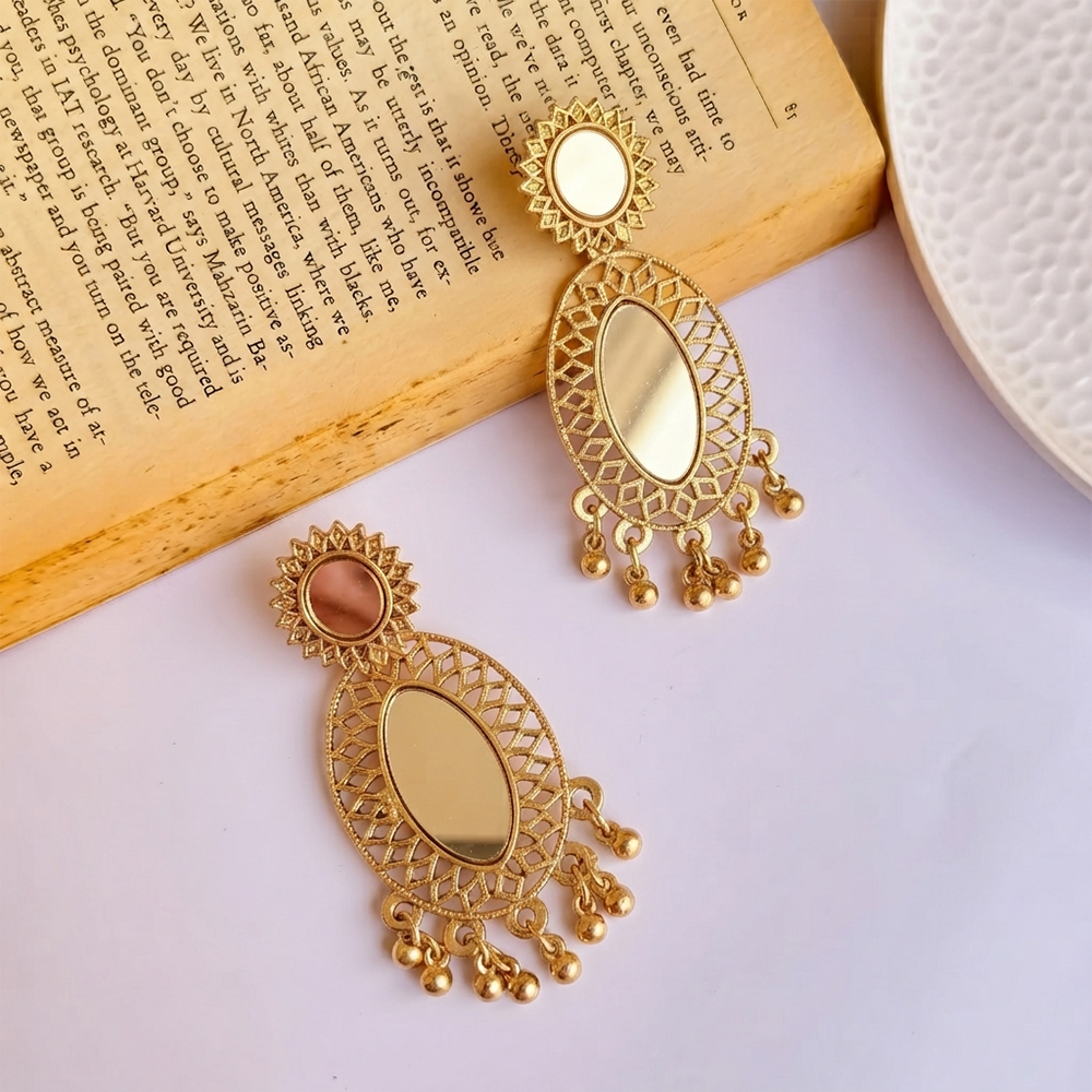 The99Jewel Traditional Antique Gold Plated  Mirror Stone Earrings for Women