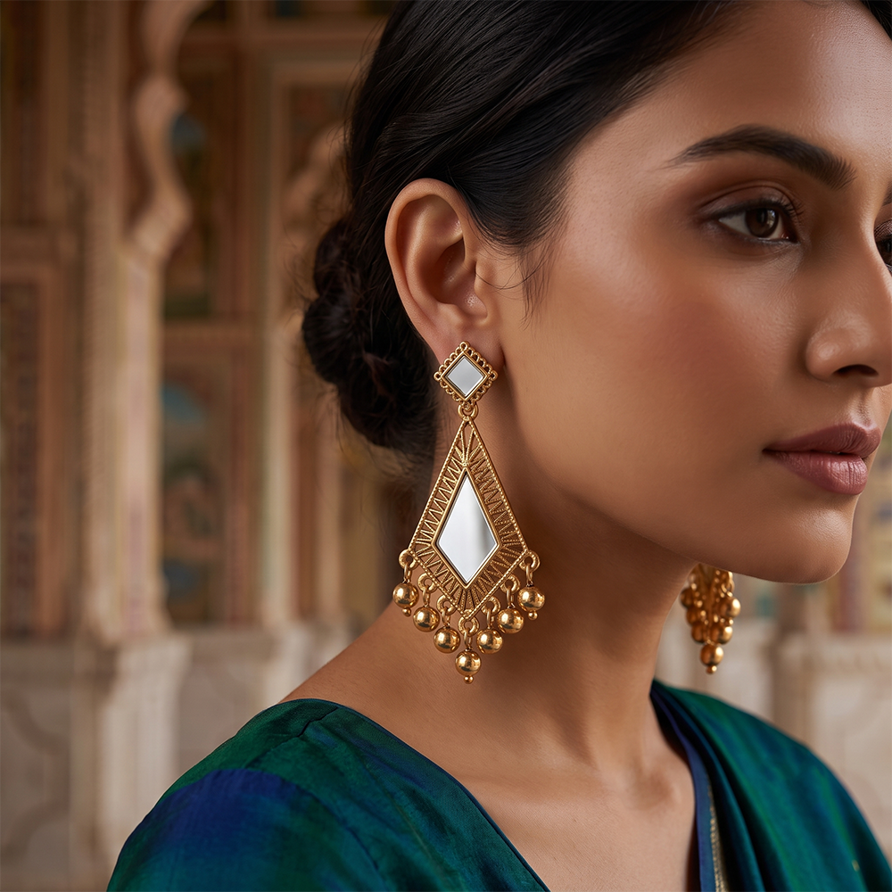 The99Jewel Traditional Antique Gold Plated  Mirror Stone Earrings for Women